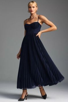 Hutch Amara Bustier Pleated Fit & Flare Midi Dress | Anthropologie Amara Dress, Engagement Party Dresses, Charmeuse Dress, Pleated Tulle, Flare Midi Dress, Tulle Midi Dress, Dresses Royal, Dress Picture, Blue Midi Dress