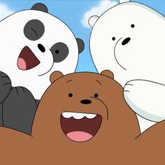 an animated bear and two panda bears with their mouths open