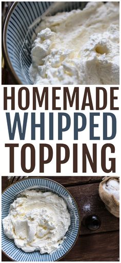 homemade whipped topping in a bowl on top of a wooden table with text overlay