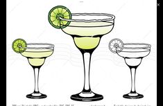 three margaritas with lime slices and garnishes