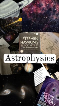 an image of astro physics books with the title overlaying it in black and white