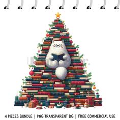 a cat reading a book while sitting on top of a christmas tree made out of books