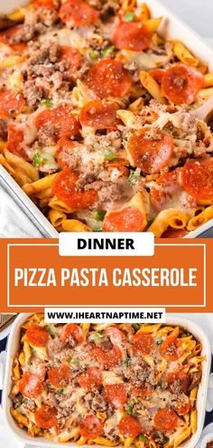 a casserole dish is shown with the words dinner pizza pasta casserole