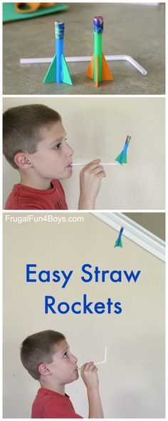 four different pictures showing how to make easy straw rockets for kids and toddlers