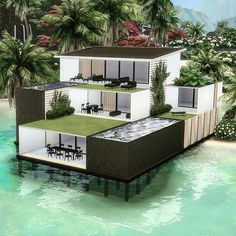 an artist's rendering of a house in the water with palm trees around it