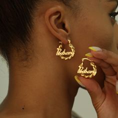 Gold Name Earrings, Name Plate Earrings, Name Hoop Earrings, Custom Jewelry Necklaces, Dope Jewelry Accessories, Name Earrings, Heart Hoop Earrings, Dope Jewelry, Birthday Board