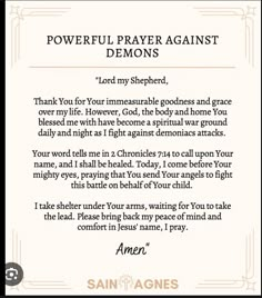 a prayer card with the words powerful prayer against demonss on it and an image of a