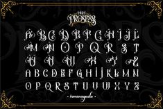 an old fashioned gothic font with ornate ornaments and scrolls on black background, in the style of