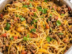 spaghetti with ground beef and tomatoes in a skillet, ready to be served on the table