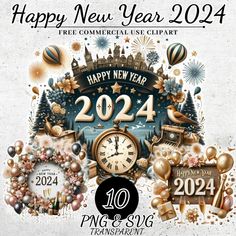 a happy new year card with balloons and fireworks