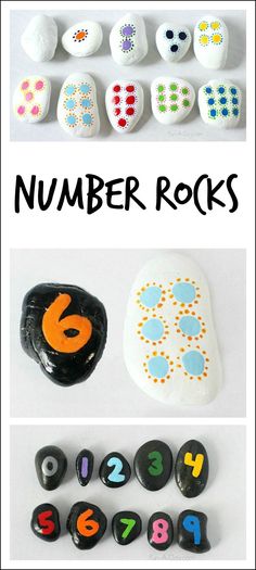 some rocks with numbers on them and the words number rocks written in different font styles