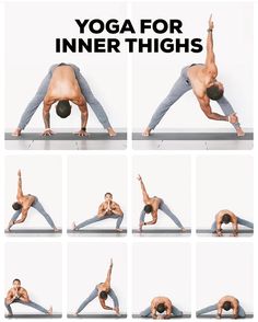 a man is doing yoga poses on his stomach and back with the words yoga for inner thighs