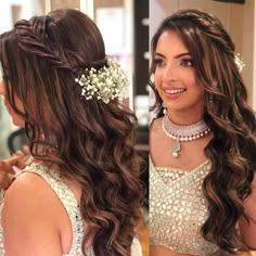 half tie front hairstyle for reception for lehenga Sangeet Open Hairstyles For Bride, Front Open Hairstyles Indian, Reception Bride Hairstyle For Gown, Reception Open Hairstyles Indian, Sangeet Hair Styles For Bride, Hairdo For Reception Indian, Open Hairstyles On Saree Wedding, Gowns Hairstyles Indian, Sangeet Hairstyles For Bride On Gown