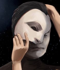 a woman with a white mask covering her face and hands on her head, in front of a black background