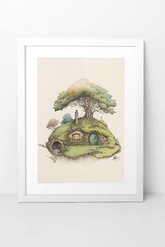 an illustration of a tree house on top of a hill