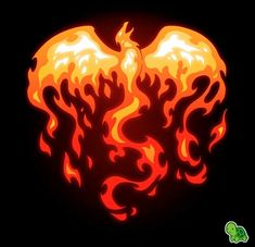 an orange and black fire bird with flames on it's wings, in the shape of a heart