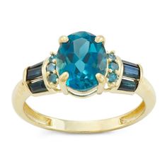 This 10K Gold Blue Topaz, Sapphire And Diamond Ring Will Lend A Gorgeous Glow Size: 9.  Gender: female.  Age Group: adult. Gold Packaging, Oval Setting, Blue Diamond Ring, Diamond Accent Ring, Sapphire And Diamond Ring, Diamond Solitaire Necklace, Baguette Cut, London Blue Topaz, Topaz Gemstone