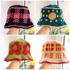 four crocheted hats with different designs on them