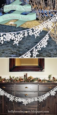 an old dresser is decorated with snowflakes and garland