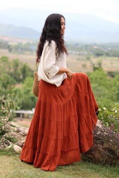 Modest Thailand Outfits, Podcast Shoot, Boho Skirt Outfit, Orange Skirt Outfit, Modesty Clothing, Tznius Fashion, Long Boho Skirt, Orange Maxi Skirt, Rok Outfit