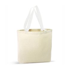 a canvas bag with white handles and straps on the front, sitting against a white background