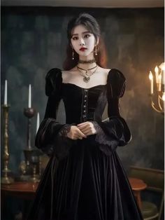 Korejepo Black Palace Style Dress Autumn Velvet Dresses Goddess Gentle Princess First Love Fairy Goddess Dresses, Black Palace, Romantic Autumn, Vintage Velvet Dress, Velvet Evening Dress, Velvet Dresses, Love Fairy, Goddess Dress, Beauty Dress