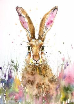 a watercolor painting of a rabbit in the grass