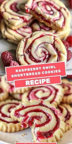 raspberry swirl shortbread cookies are on a plate with the words recipe below it