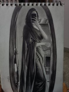 a pencil drawing of a woman in a mirror