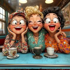 three women sitting at a table with coffee cups and saucers on top of them