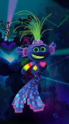 an animated character is standing in front of a computer screen with neon lights on it