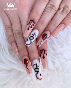 Crimson Nails Acrylic, It Clown Nails, Pennywise Nails, Halloween Nails Spooky, It Nails, Unghie Sfumate