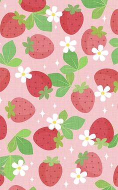 a pink background with strawberries and daisies