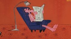 a cartoon character sitting in a chair reading a paper while holding a lamp above his head