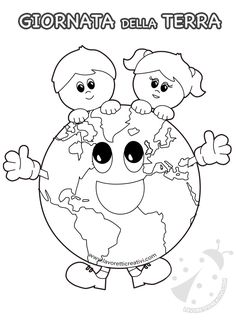 the earth with two children on it coloring page for kids to color and print out