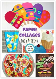 paper collages with food and drink on the bottom, in front of them