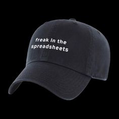 Freak In The Spreadsheets Hat Freak In The Spreadsheets Embroidered Design '47 Brand Cap Variety of colors 100% Cotton, garment-washed twill Pre-curved visor '47 branded snap slide buckle closure Beauty School Dropout Hat, Branded Caps, 47 Brand, Embroidered Design, Buckle, Hats, Black, Design