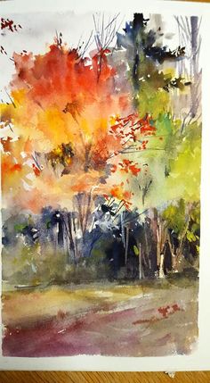 a watercolor painting of trees in the fall