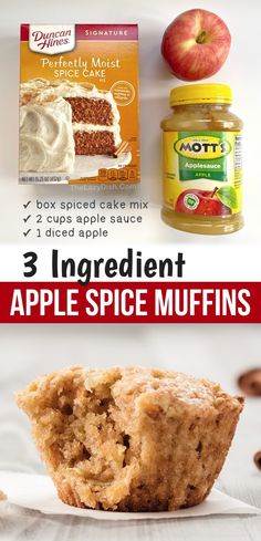 an apple spice muffin is shown with the words easy 3 ingredient apple spice muffins