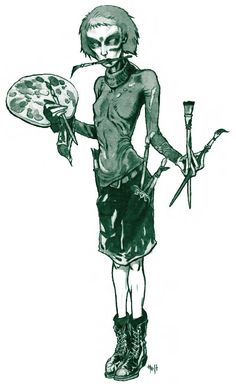 a black and white drawing of a girl holding a knife, pizza and paintbrush