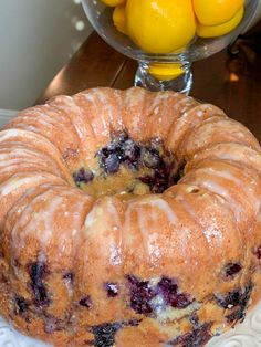 a blueberry sour cream coffee cake on a plate