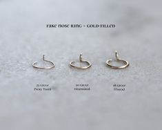 three different types of ear posts on a white surface with the words fake nose ring - gold filled