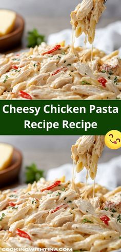 chicken pasta is being lifted from a casserole dish