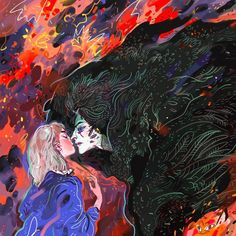 a painting of two people kissing in front of a black wolf