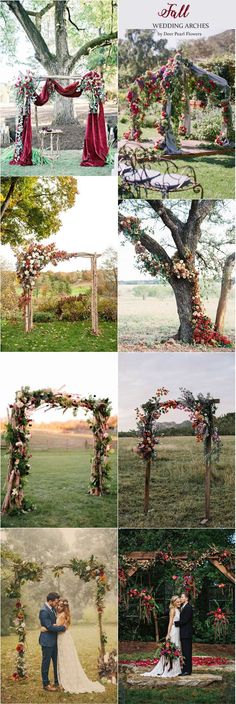 a collage of photos showing the different stages of an outdoor wedding ceremony with flowers and greenery