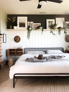 a bed sitting in a bedroom next to a wall with pictures on it and plants