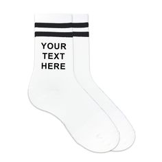 PRICES MAY VARY. Customize Your Socks - Create your own custom printed and personalized striped crew socks. Make your own socks with any text, phrase, or message; with your choice of several fonts (writing style) and ink colors. Combination of Quality and Style - Our socks are a soft cotton blend and available in two sizes: medium, which fits ladies standard sock size 9-11, shoe size 5-9 and the men's standard sock size 10-13 which fits a shoe size 8-12., great for everyday use. Personalize thes Customizable White Socks For Gifts, Customizable White Socks As Gift, Customizable White Socks For Gift, Personalized White Socks Gift, Sublimated Socks, Striped Knee High Socks, Wedding Socks, Writing Style, Personalized Socks