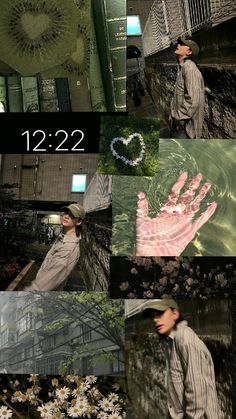 a collage of photos with the same person holding an umbrella and flowers in front of them