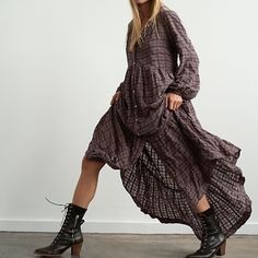 Nwt Size Is Xs But Runs Big Button Down Maxi Dress In Purple (Off Beat) Has Puffsleeves First 2 Stock Pictures Are For Body Reference The Actual Dress Is Purple! Dress Comes With Matching Purple Slip Underneath Midi Dress With Boots Maxi, Long Dress Ans Boots, Chelsea Boot Maxi Dress, Ankle Boots With Dress Maxi, Winter Boho Dress With Boots, Boots To Wear With Dresses Maxi, Maxi Dress With Booties Fall, Boots For Maxi Dress, Billowy Cotton Dress For Fall