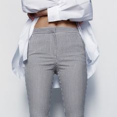 Zara Striped Drawstring Jogging Pants Striped Stretch Trousers, Stretch Striped Trousers, Stretch Striped Straight Pants, Stretch Striped High-waisted Pants, Striped Stretch Ankle-length Bottoms, Striped Stretch Ankle-length Pants, Chic Striped Stretch Bottoms, Trendy Zara Long Pants, White Stretch Leggings For Work